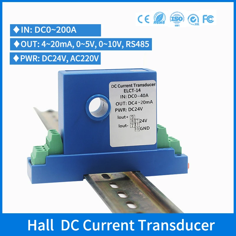 

35mm DIN rail Closed Loop Current Source Transmitter 4-20mA 0-5V 0-10V RS485 output Hall Effect DC Current Sensor Transducer