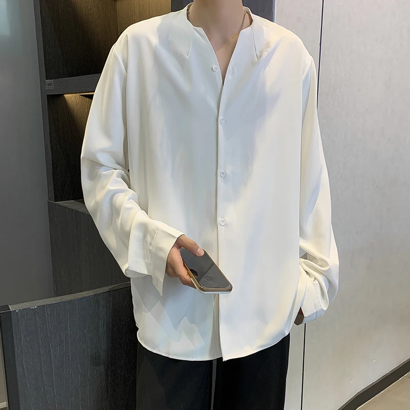 

Мужская летняя рубашка с длинным рукавом, свободного кроя, в корейском стиле, модная, однотонная, повседневная, молодежная, популярная