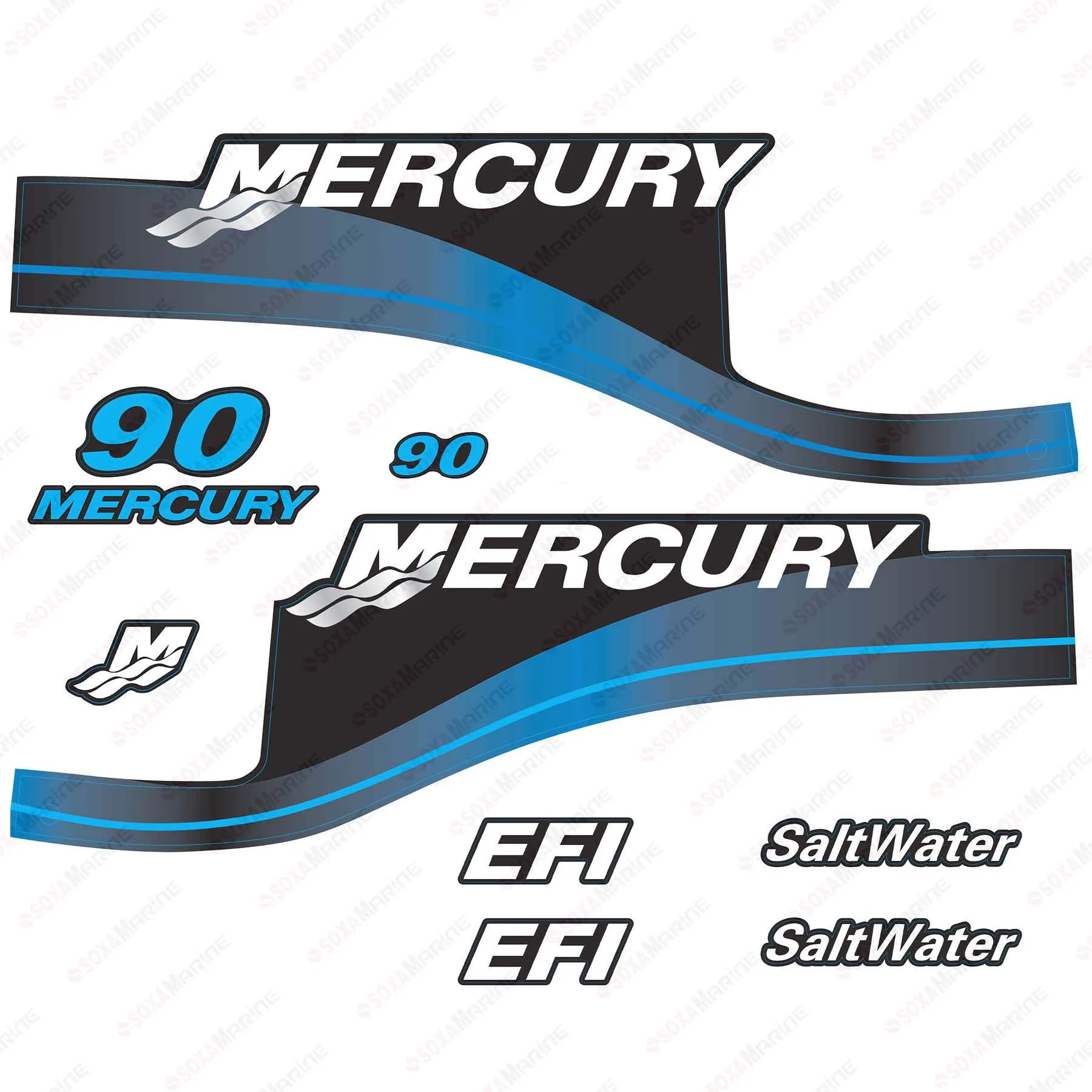 Blue Decal Kit Sticker Setfor Mercury 90 hp SaltWater EFI Outboard Engine  Reproduction 90HP SaltWater EFI