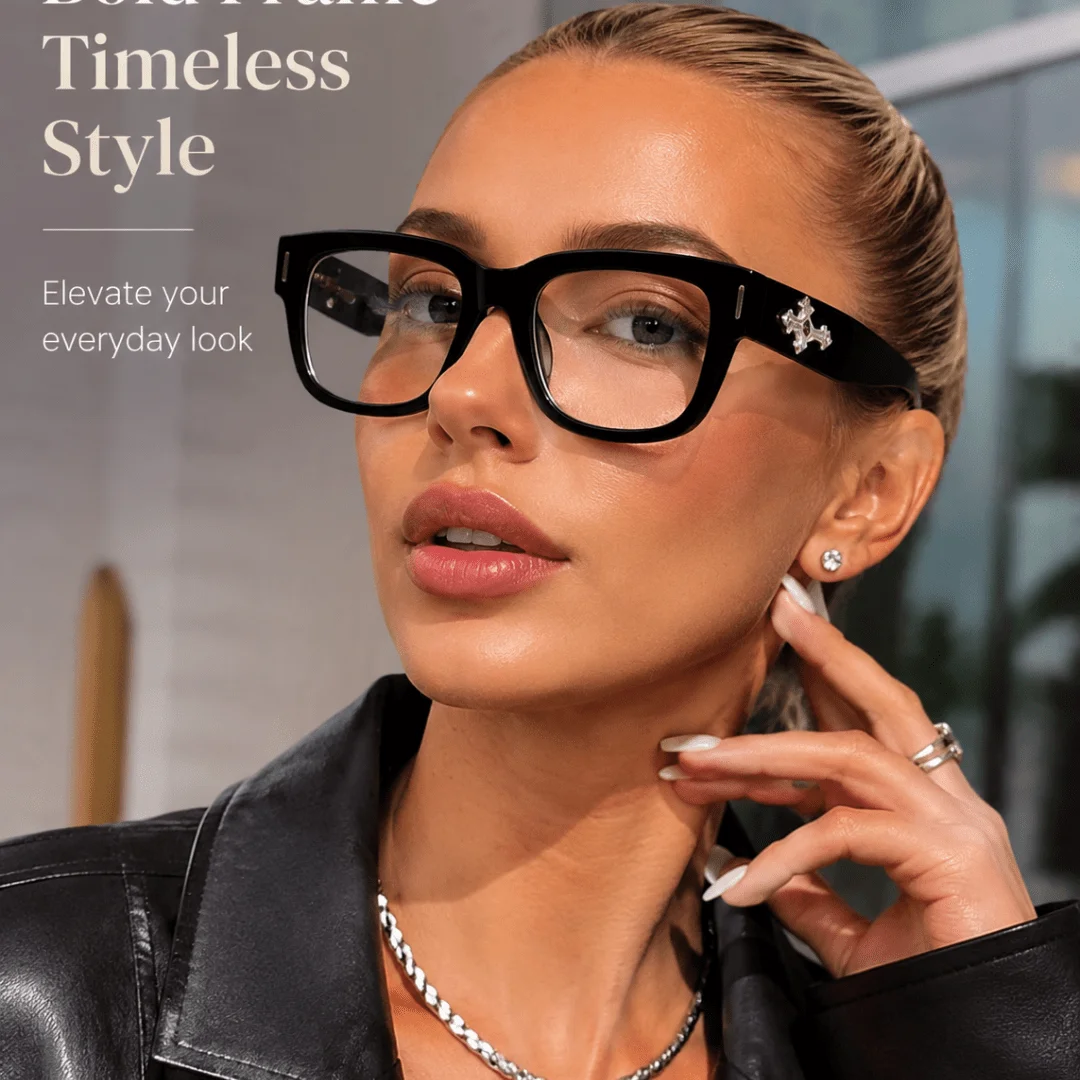 1pc Rhinestone Cross Bone Metal Decor Fashion Glasses, Retro Thick Square Frame Clear Lens, Vintage Glossy Black Full‑Rim Luxury Polished Eyewear, Gothic‑Inspired Statement Accessory For Urban Outings, Social Parties And Holiday Styling