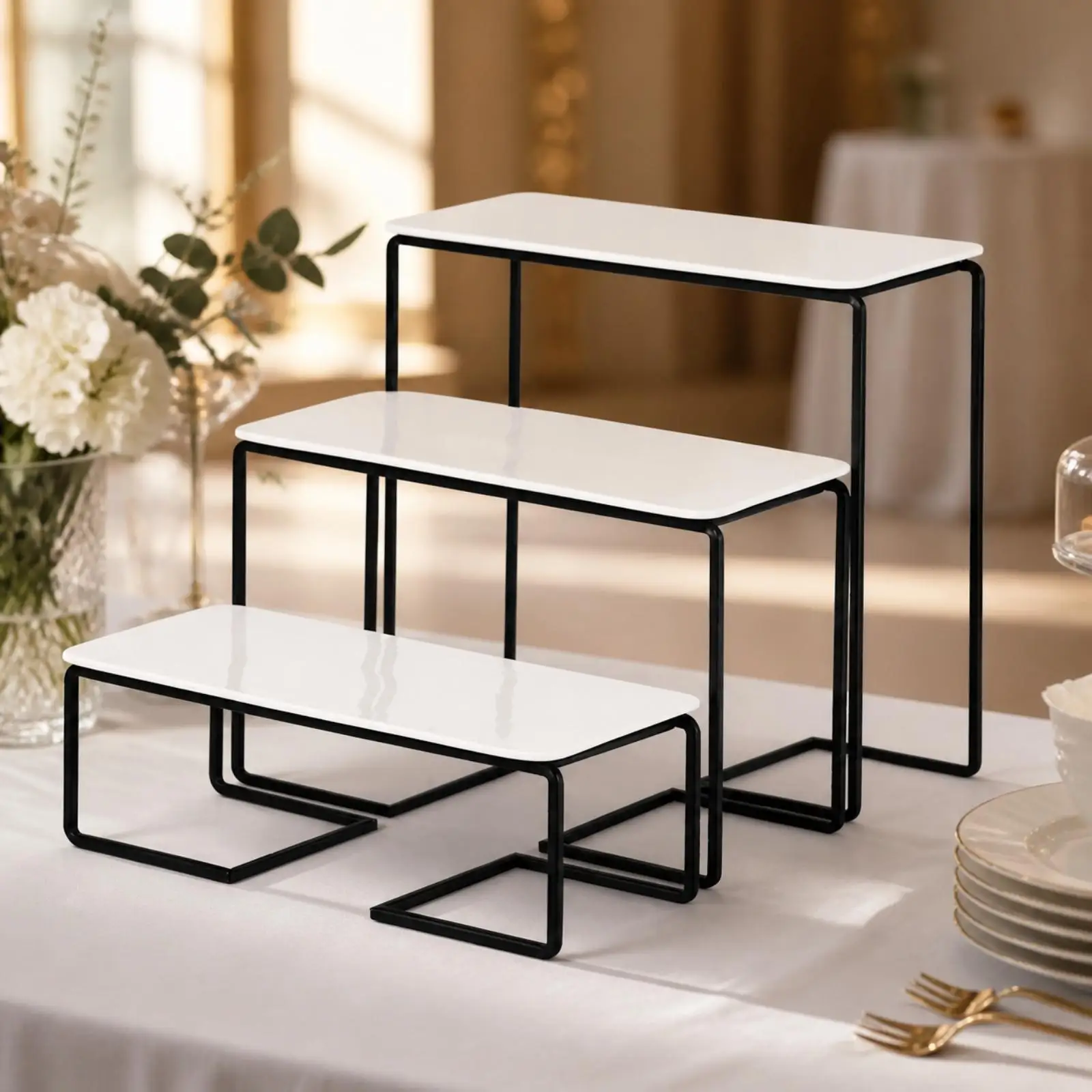Tiered Rectangle Display Stand for Cake Pastry Fruit Snack with Black Metal Frame White Ceramic Surface for Buffet