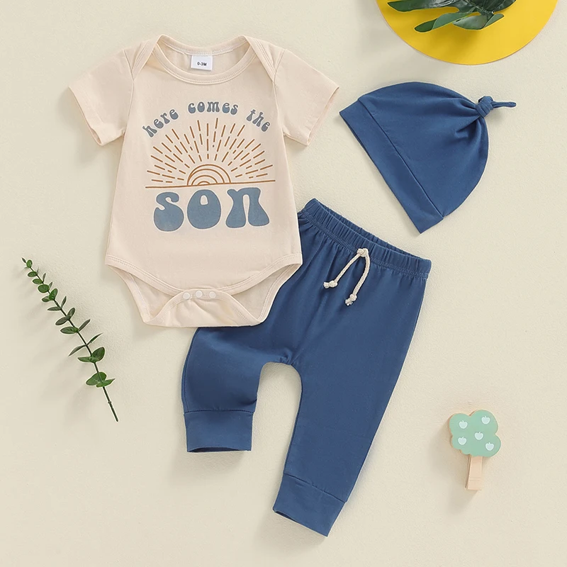 2024-05-06 Lioraitiin Baby Boys Outfit, Sun Letters Print Short Sleeve Romper with Elastic Waist Pants and Hat Infant Clothes