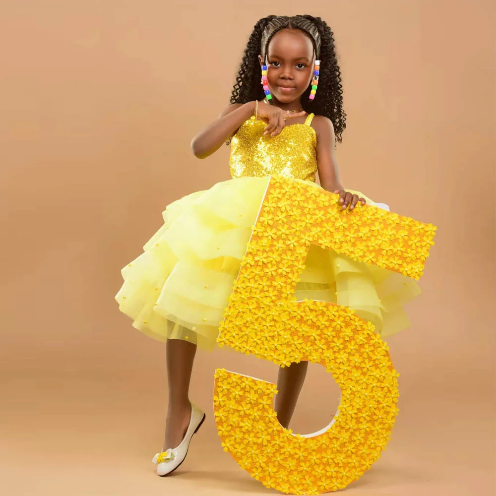 Yellow Short Flower Girls Dresses Spaghetti Strap Ruffles Tier Kids Birthday Party Gown Tulle Layered Child Photography Dress