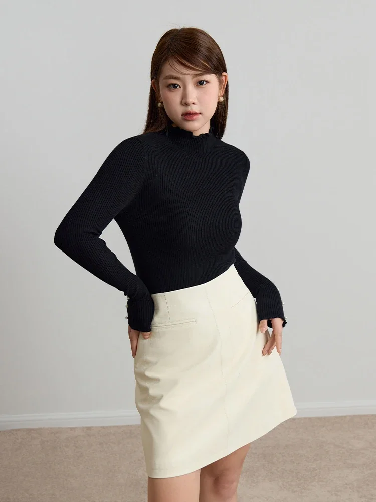 DUSHU 7.1% Wool Gentle Temperament Half Turtleneck Bottoming Shirt Slim Winter Women Black Sweater Cuff Pearl Design Elegant Top