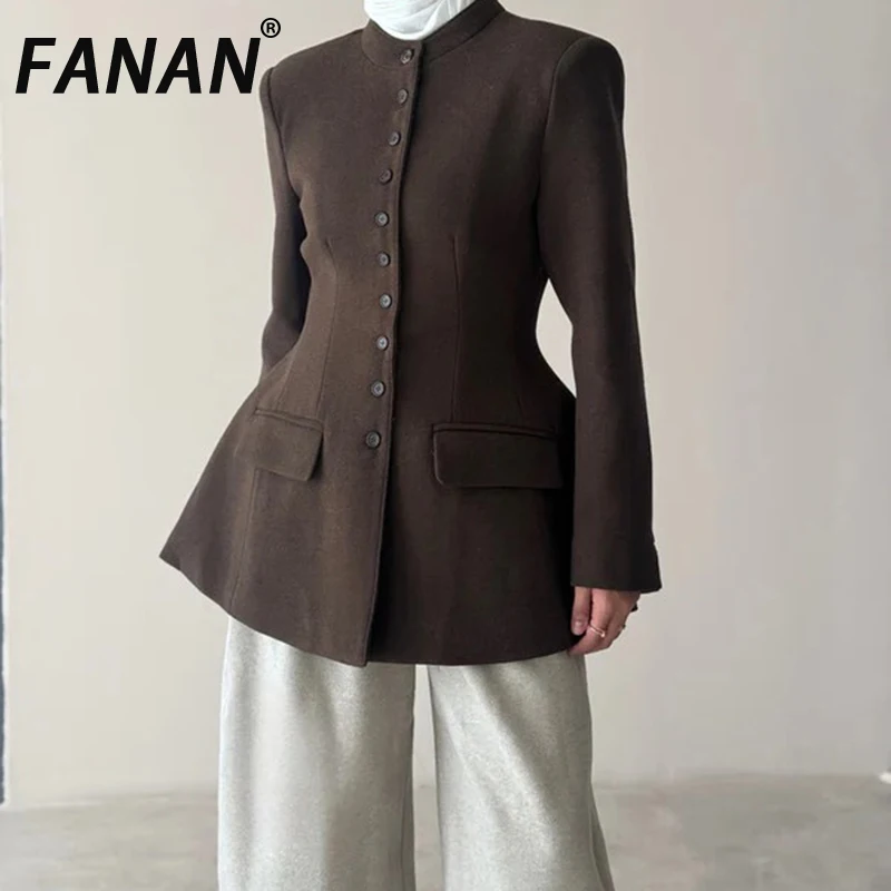 

FANAN Elegant Thick Warm Blazers For Women Round Neck Gathered Waist Single Breasted Office Lady Fit Jackets 2025 Winter New