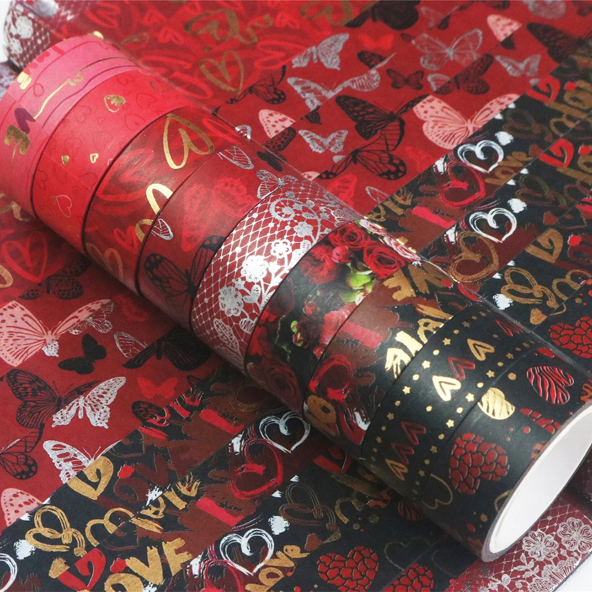 Valentine's Day Washi Tape Set of 9 Rolls, Heart Butterfly Pattern Gold Foil for DIY Scrapbook,  Decor, Gift Wrapping Supplies