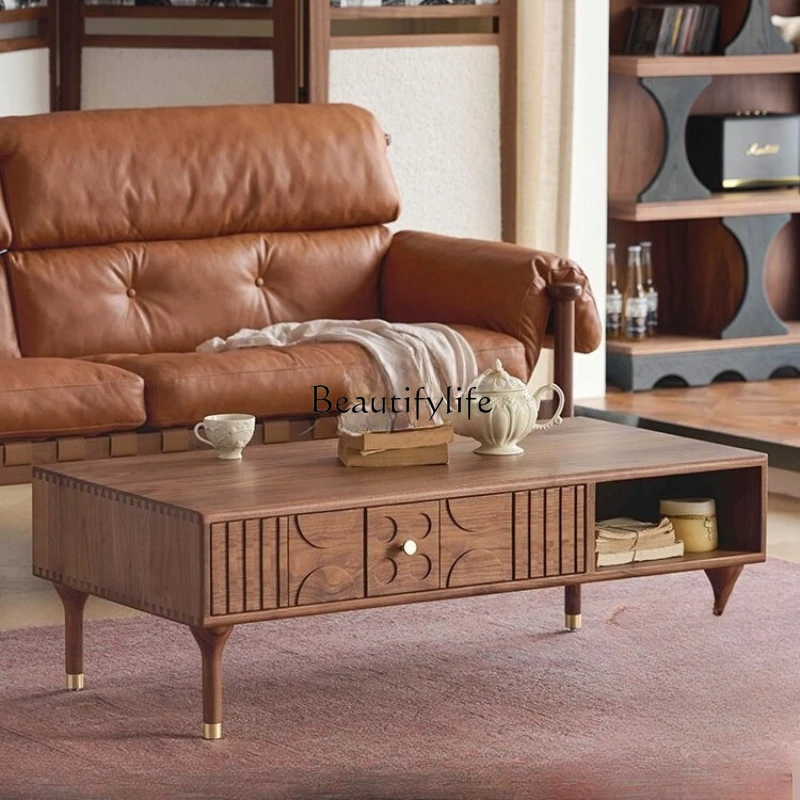 

North American Black Walnut Solid Wood Carved Tea Table Vintage Style Living Room Simple Tea Table