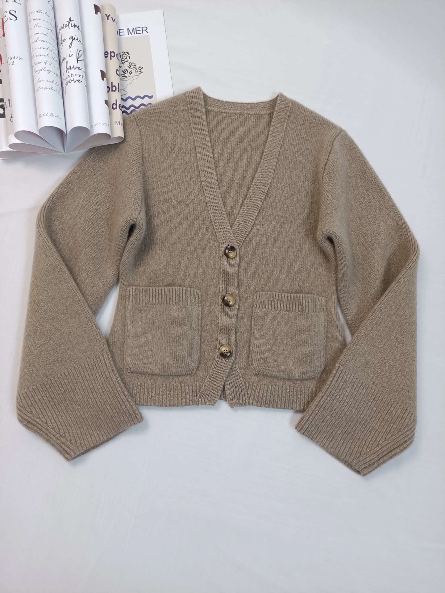 Khaki Wool V-Neck Cardigan Tops