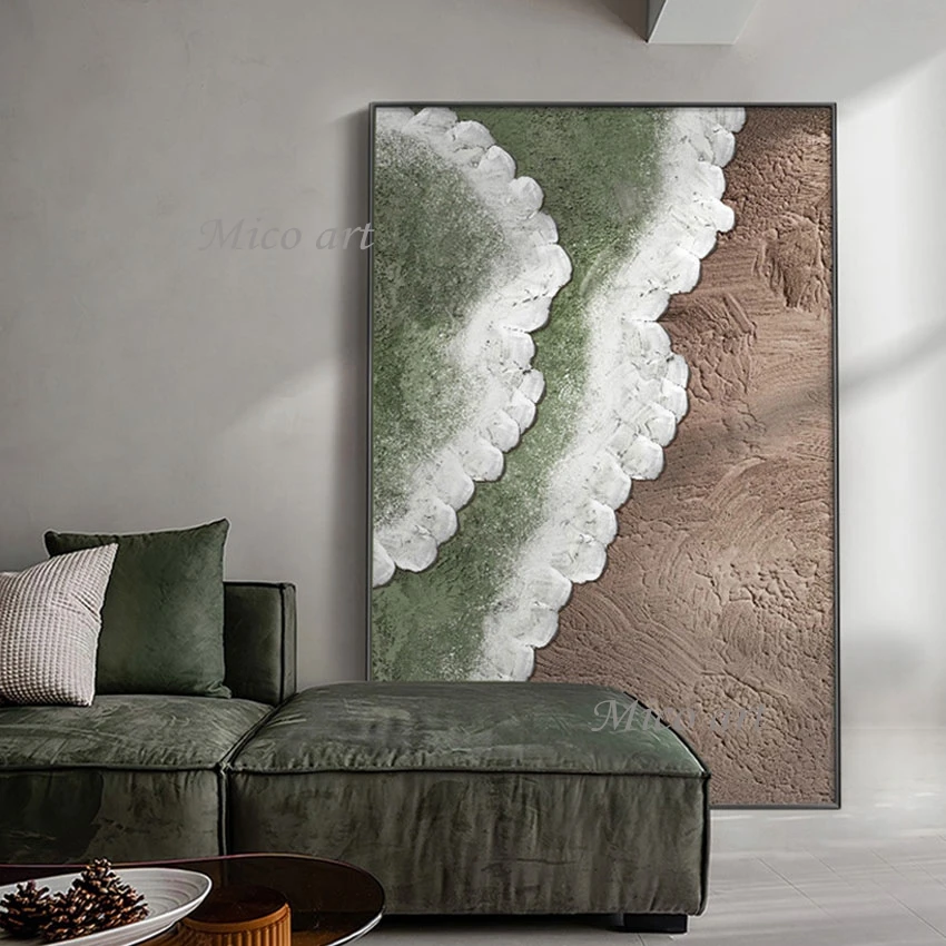 Simple Abstract Knife Painting Designs Thick Acrylic Artwork 3d Sea Wave Hand-painted Wall Green White Unframed Art Picture