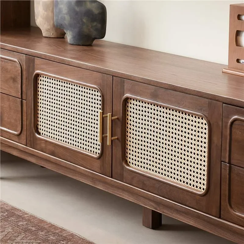 Black Walnut TV Cabinet with Antique Rattan Design Living Room Home Storage Console Table Arrival Modern Furniture