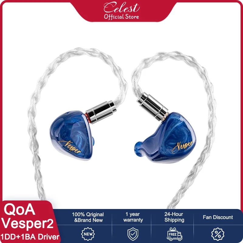 

QoA Vesper 2 1DD+1BA Hybrid Driver IEM In Ear Monitor Wired Headphones With 0.78mm 2Pin 5N copper silver-plated Earphone Cable