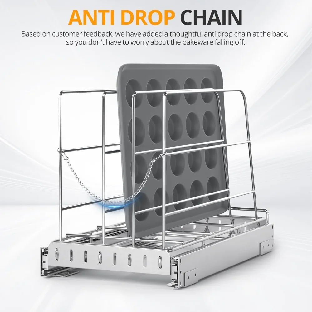 Stainless Steel Pull Out Cabinet Organizer for Cutting Boards & Bakeware - Heavy Duty Sliding Rack (9x16.5in)