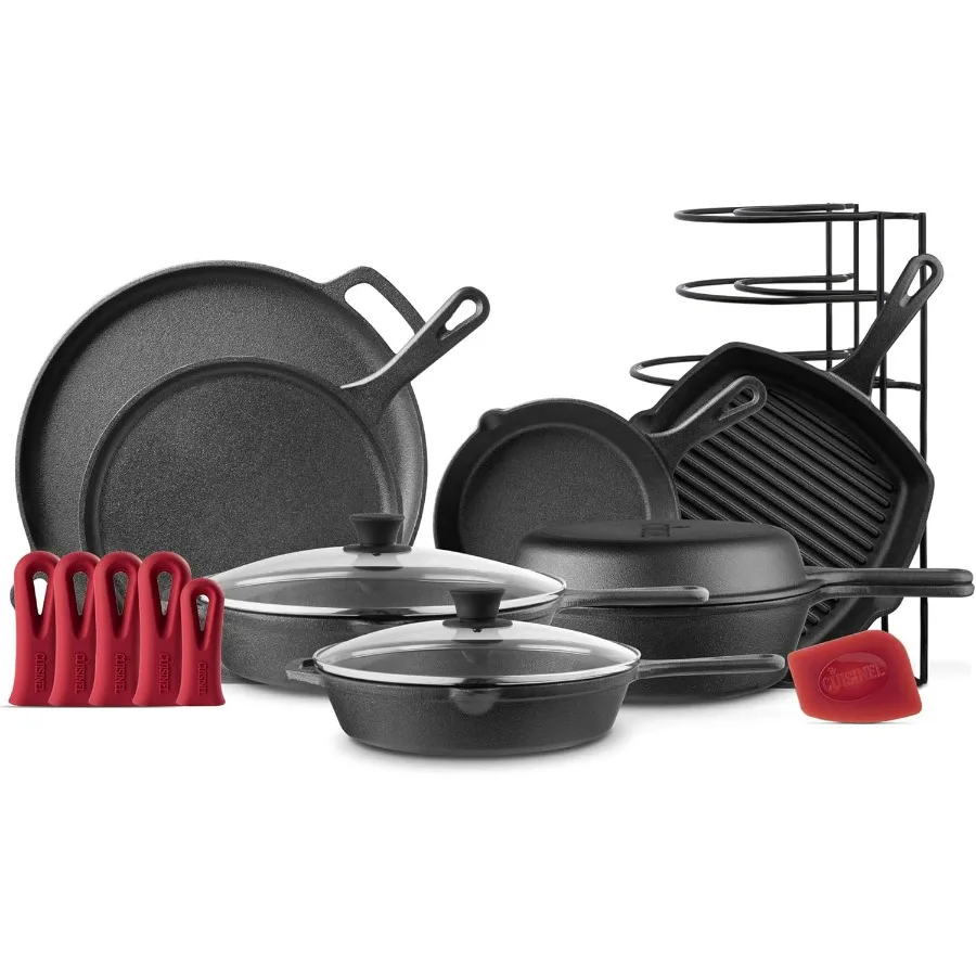 

Cast Iron Cookware Set Complete PreSeasoned Kit 8 Skillet 10 + 12 Skillets with Glass Lid + Grill Pan + MultiCooker Dutch Oven
