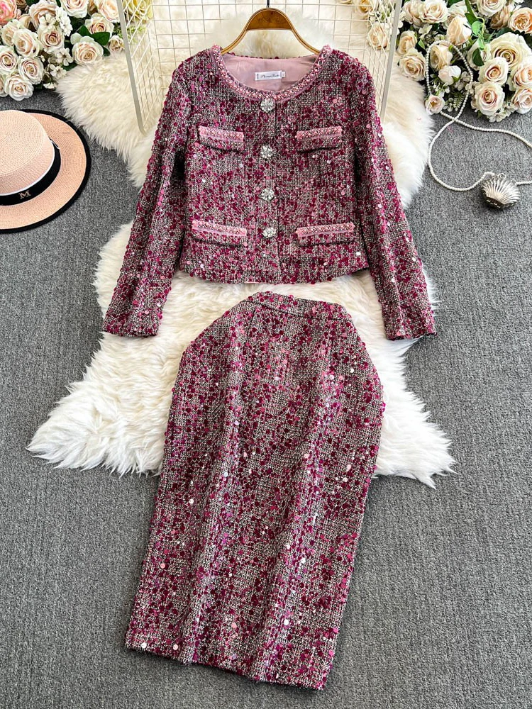 Korean autumn winter French style fashionable round neck nail bead sequin Jackrt+skirt set for women Two piece sets