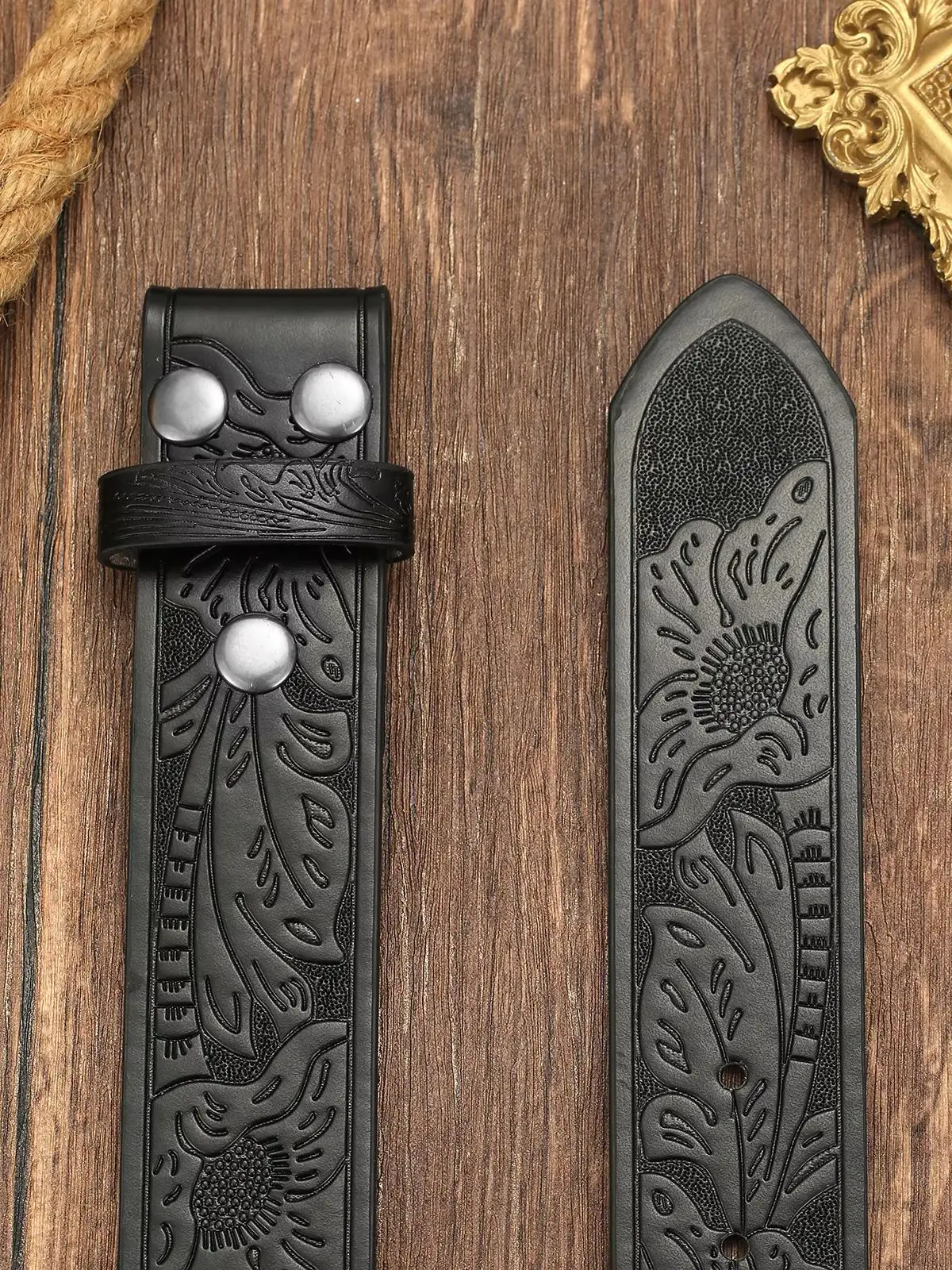 Herren Western-Gürtel mit geprägtem Muster, Blanko-Gurtband ohne Schnalle, Retro Cowboy PU-Leder Ersatzgürtel – Detail 7