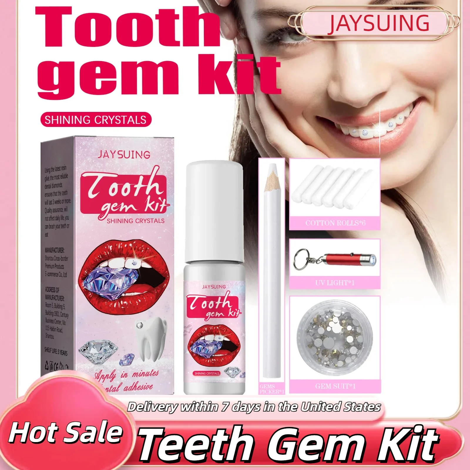 Tooth Jewelry Kit DIY Teeth Gems Kit with Glues and Light Teeth Clear Precious Stone Jewelry Decoration Glittering Tooth Gem Kit