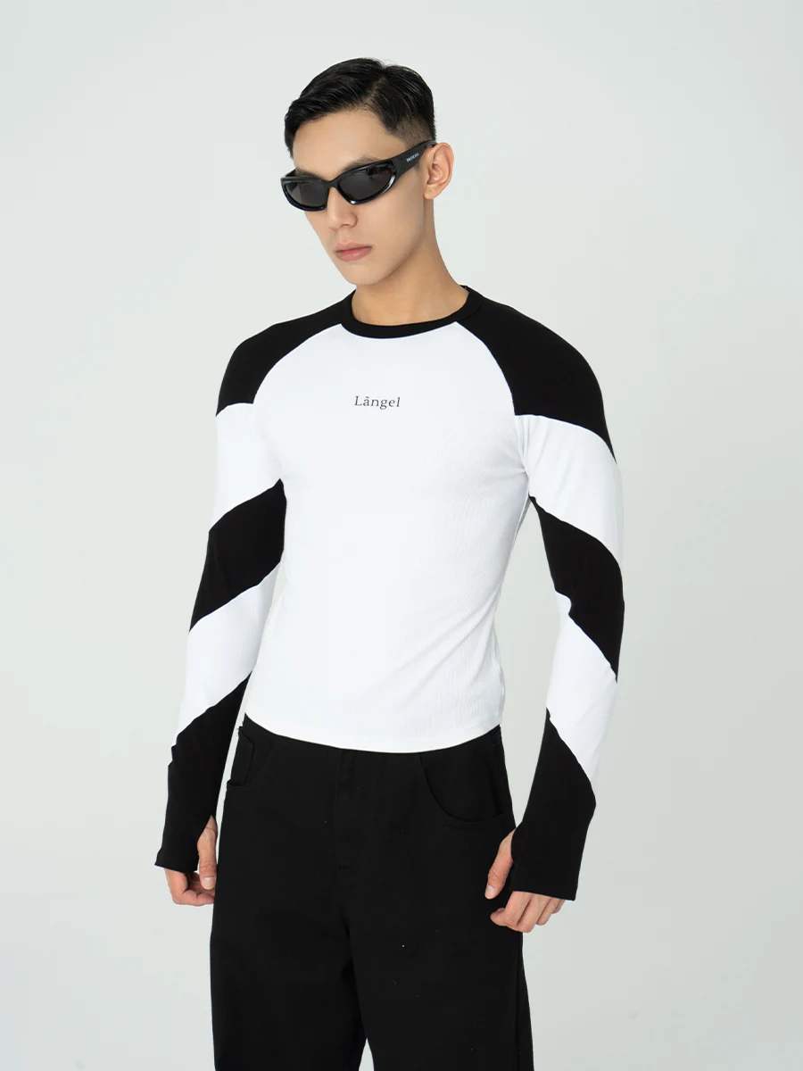 

CLP Original Langel Black White Spiral Color Block Long Sleeve T-Shirt Men's Women's Slim Fit Elastic Casual Top Citylaziestp...