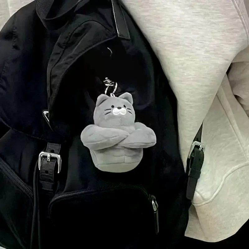 Fluffy Gray Muscle Cat Plush Keychain Cartoon Plush Keyring Bag Pendant Backpack Ornament Gift For Cat Lovers Soft