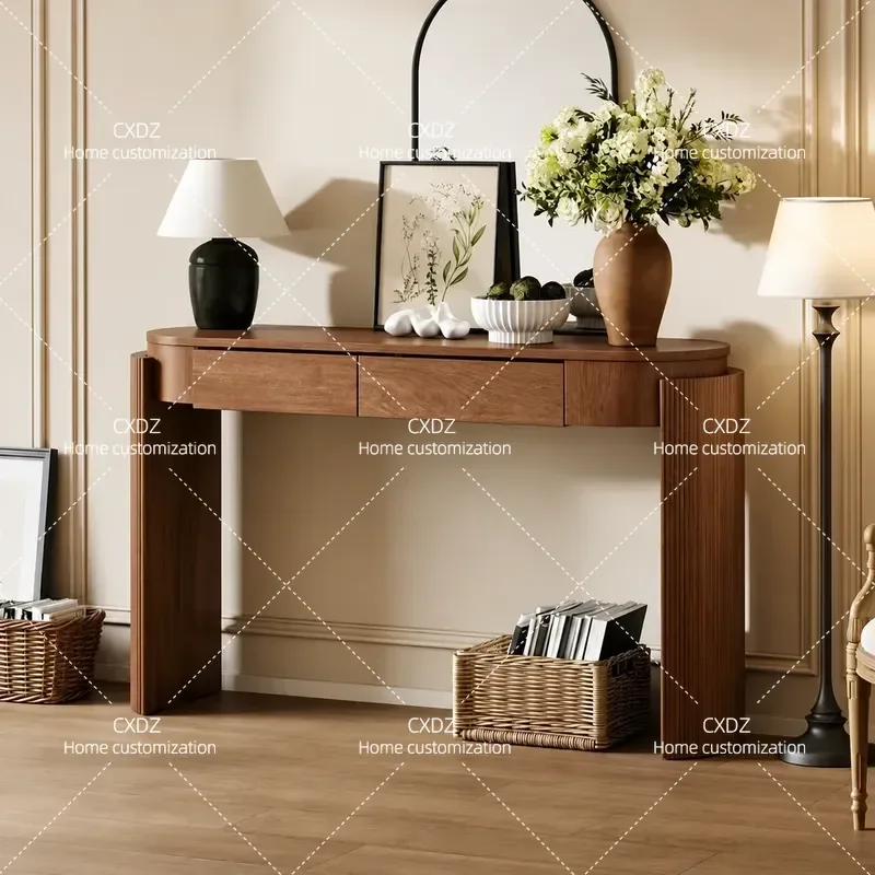 Modern Simple Solid Wood Console Table with Double Drawers Arc Design Log Color for Living Room Entryway Home Decoration