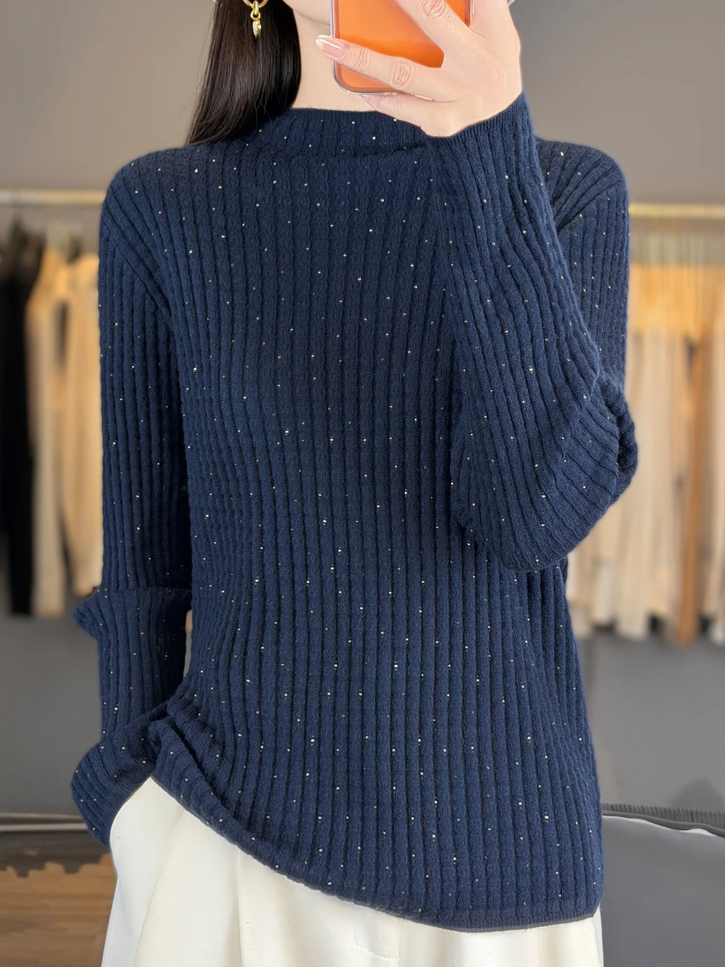 

Slim Fit Knitted Base irt with Rhinestones f High Collar Trendy Winter Sweater for Women Warm Thermal Long Sve Top