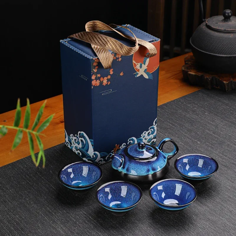 Artistic Ceramic Tea Pot and Cup Set, Premium Kung Fu Teaware Featuring Jun Kiln Change Glaze, Collector's Chinese Tea Set