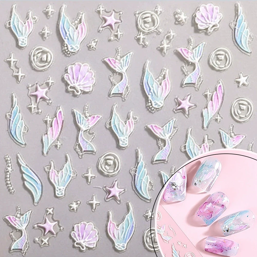 

3D Ocean Nail Art Sticker Purple Shells Starfish Mermaid Tail Pearls Self-Adhesive Nails Decals for DIY Manicure Decoration