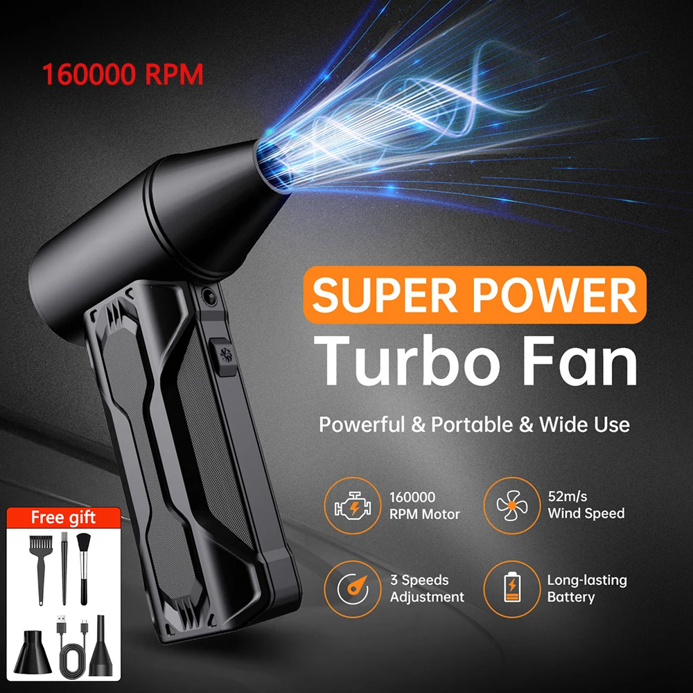 

Мини-турбоструйный вентилятор, электрическая воздушная тряпка с 3 регулируемыми шестернями, 160000 об/мин, скорость ветра, 52 м/с, инструмент для очистки автомобильного компьютера