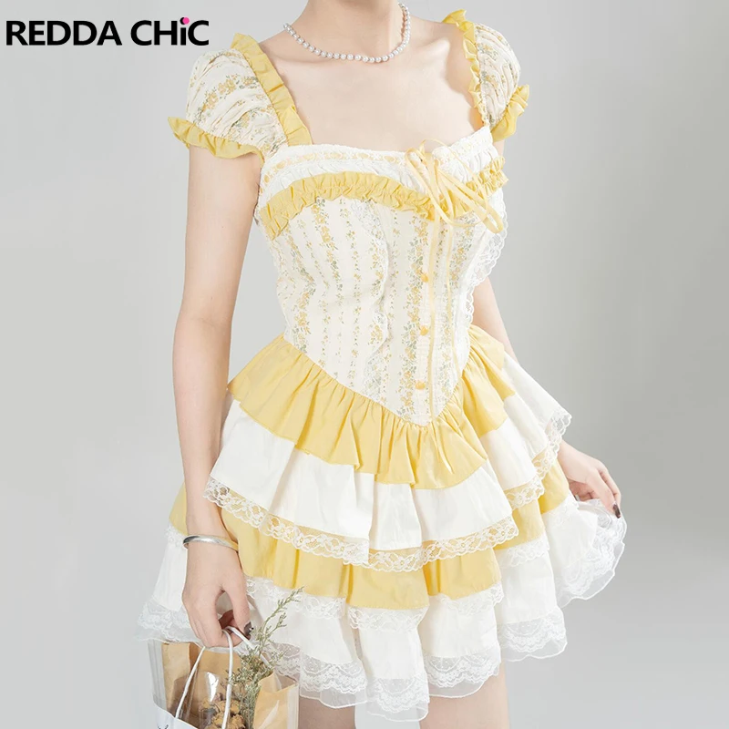 ReddaChic Women Puff Sleeves Frilly Tutu Gown Bandage Lace Trim Layered Ruffle Floral Mini Cake Dress Kawaii Coquette Clothes