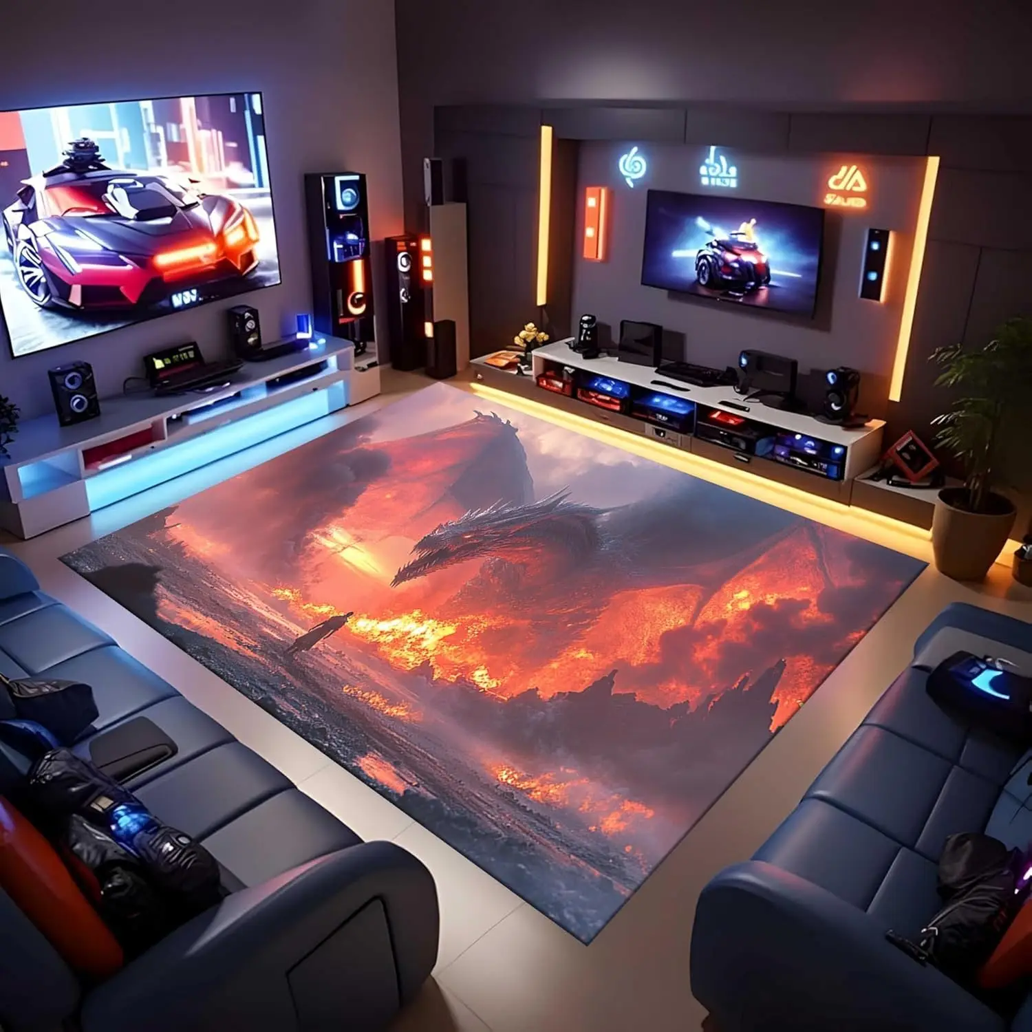 Raging Spread-Wing Dragon & Molten Mist Design, 3-Proof Coating Surface Non-Slip Modern Rug in Grey Red for Living Room
