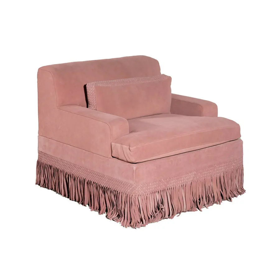 Hotel Lobby Cozy Accent Arm Chair Tassel for Sale Custom High End Luxury Living Room Pink Suede Fringes Single Sofa Club Chair