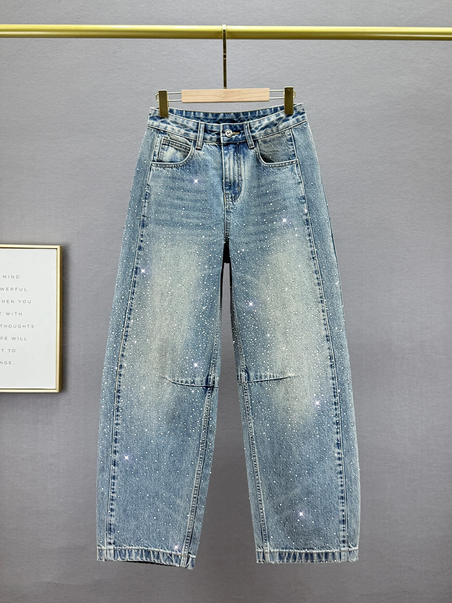 

High Waist Loose Fit Knife Denim Jeans Women's Extended Length Spring New Sle European Heavy Embellied Diamond Cuffe...
