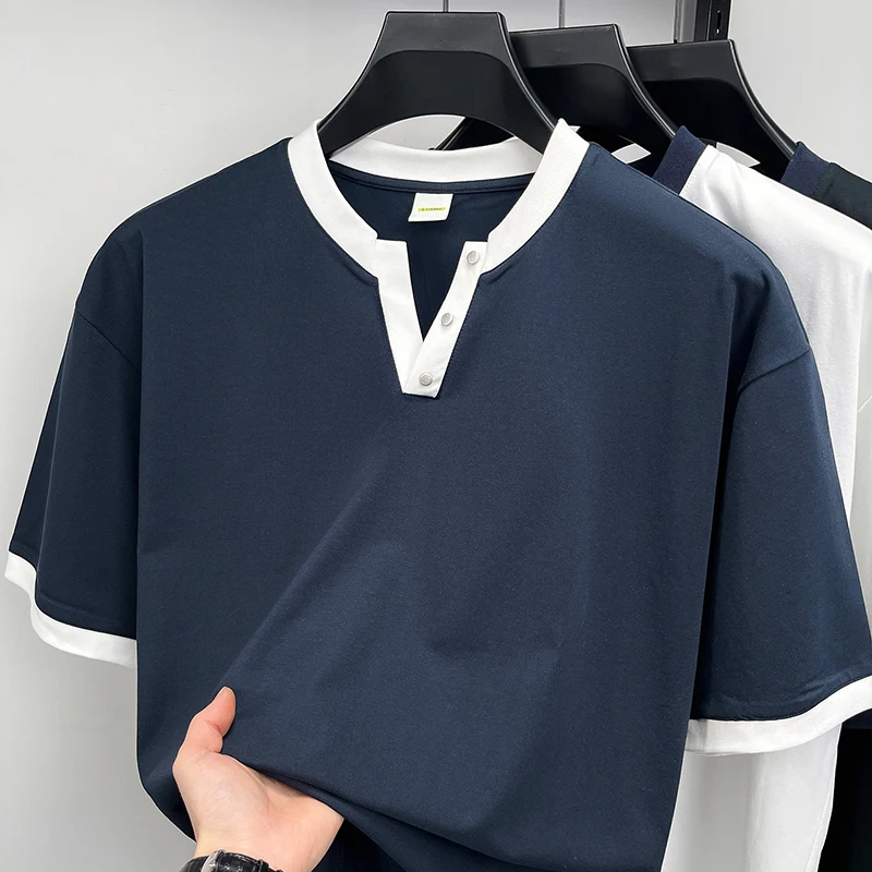 Summer new long staple cotton V-neck short sleeved high-quality men's casual versatile fashion trend top