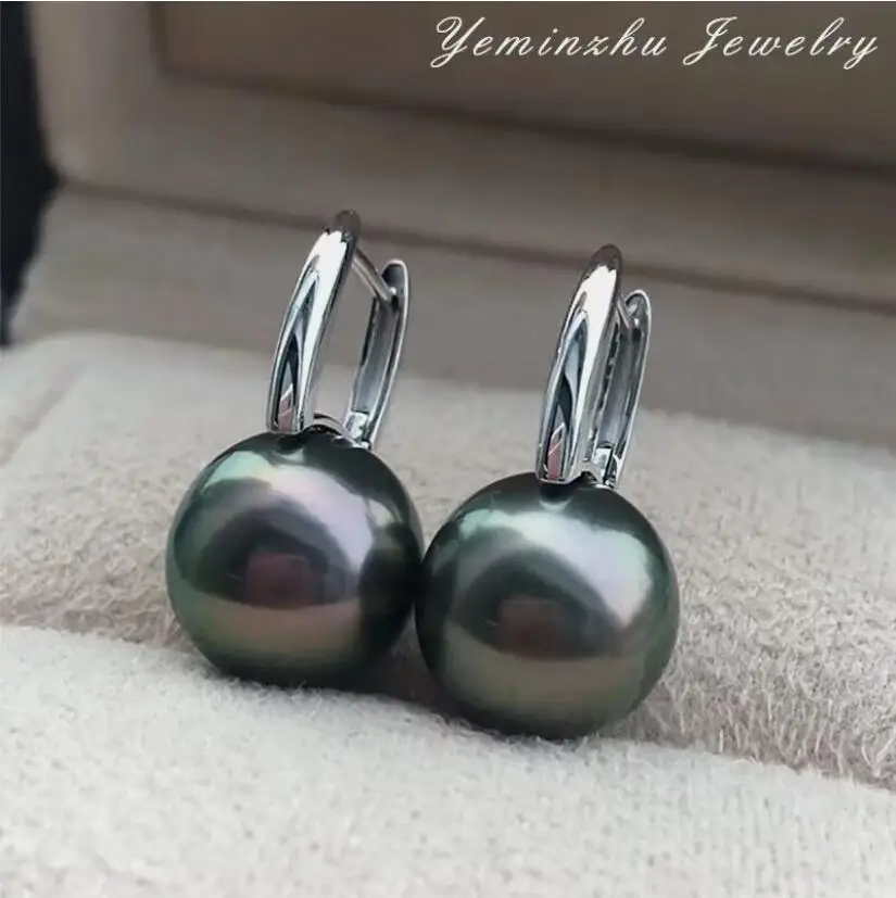 

stunning 9-10mm tahitian round black green pearl dangle earring 925s