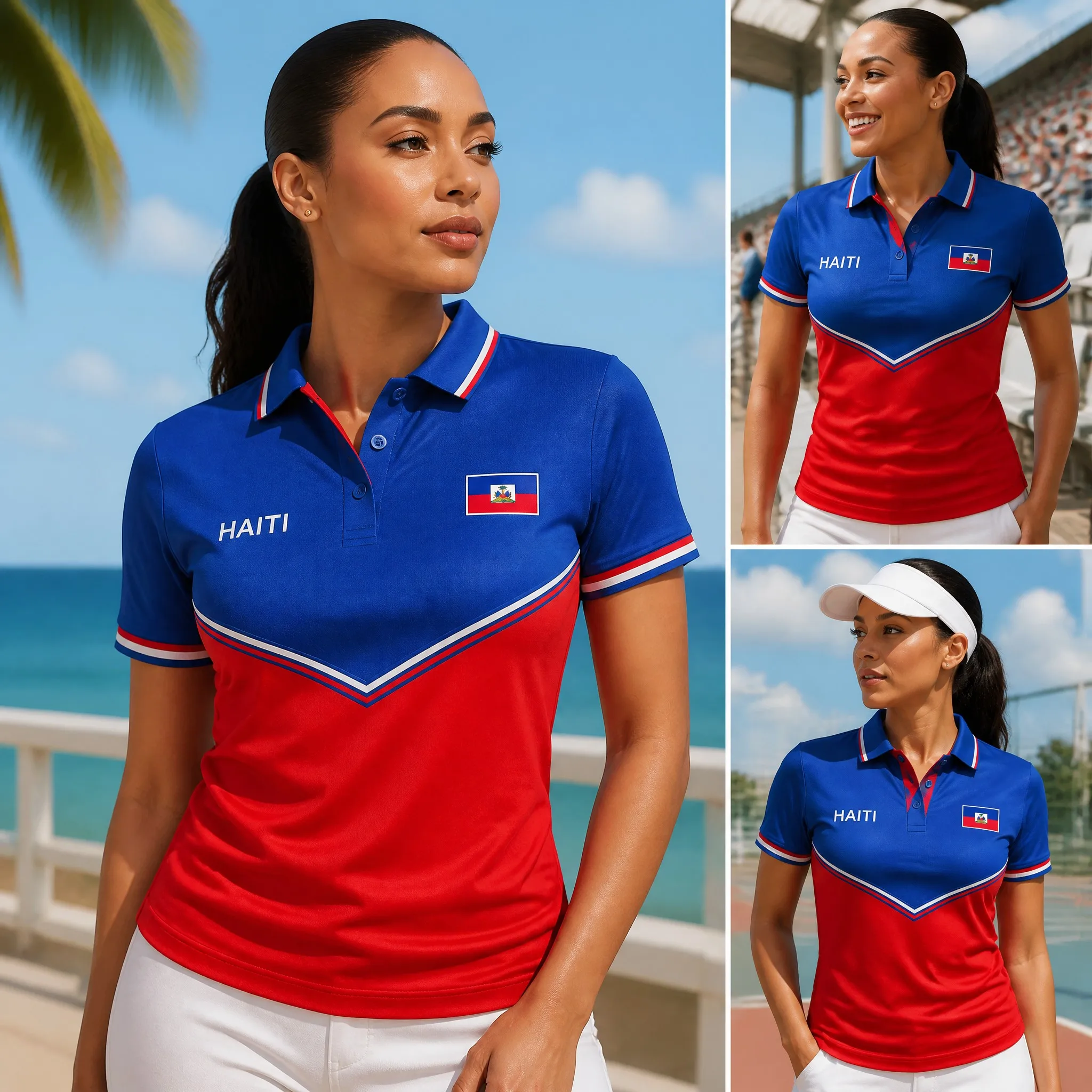 Haiti Womens Colorblock Polo Shirt Short Sleeve Casual Travel Top with Crest Detail Contrast Collar Summer Tee Island Casual Top