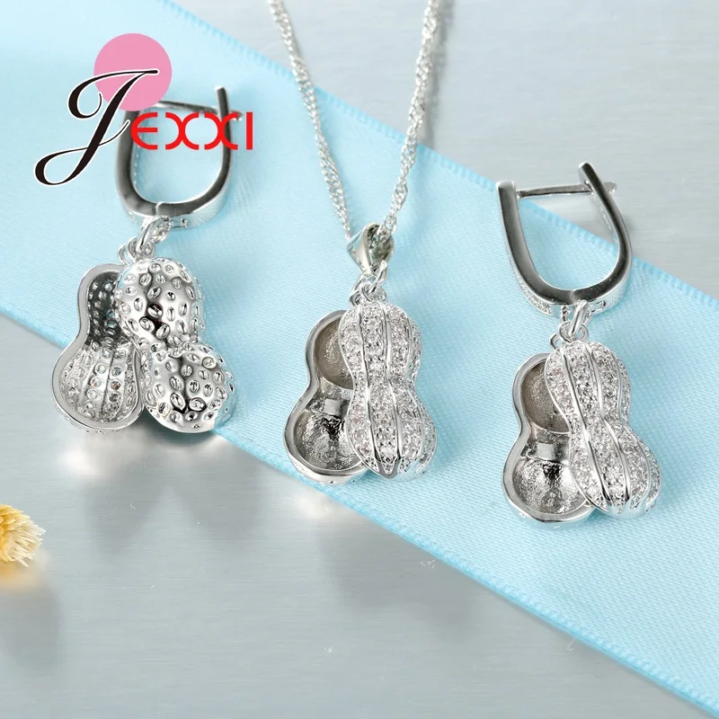 Silver Color Jewelry Set Peanut Shaped Necklace Pendant Earrings for Women Crystal Bridal Accessories Wedding Jewelry Set