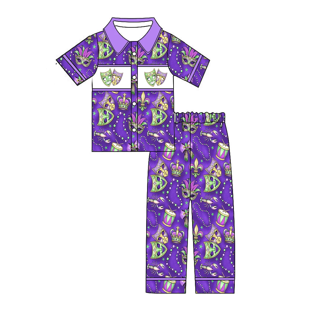 mardi gras boutique children's suit lapel shorts lace purple cartoon print trousers girls boys trousers suit 2-piece set