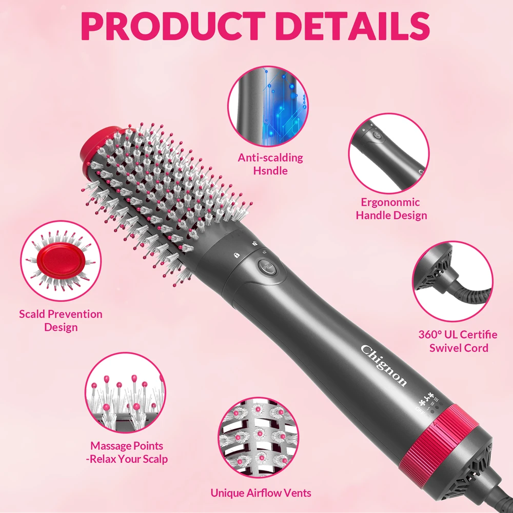 Negative Ionic Blow Dryer Brush Professional Hair Dryer Hot/Cold Air Hair Straightening Brush Electric Hair Brush