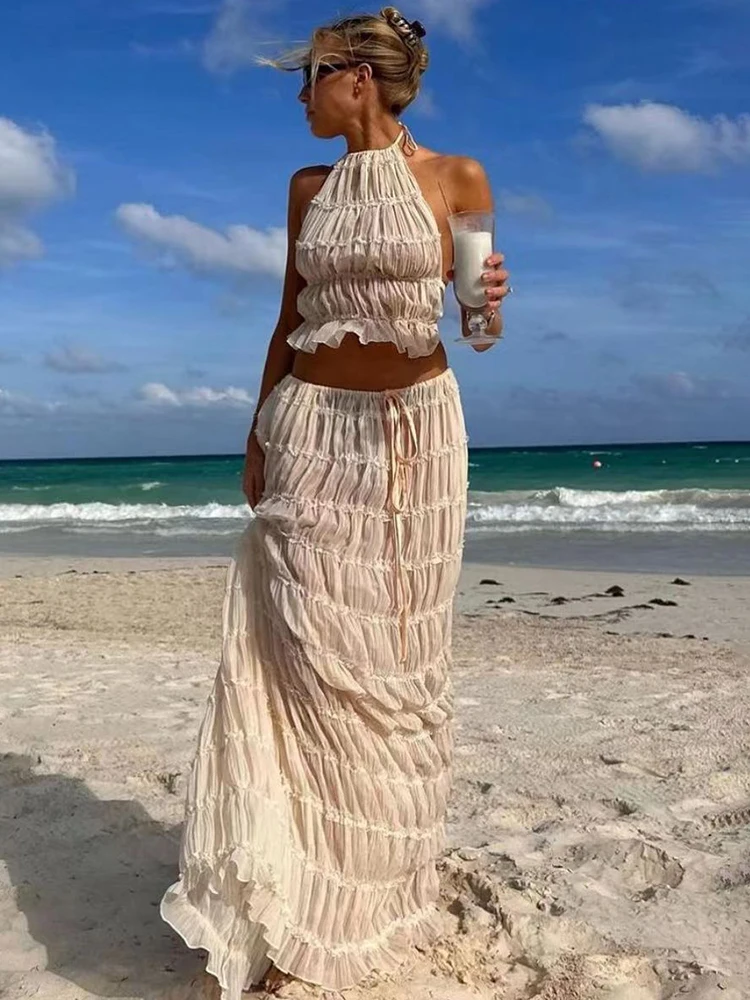 

Fantoye Sexy Backless Lace Two Piece Sets Women Skirt Suit Apricot See Through Long Skirt Sets Summer Holiday Casual Beachwear