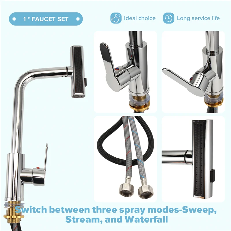 

Гибкий смеситель для кухонной мойки LNHF, выдвижная конструкция, подача горячей и холодной воды, монтируемый на палубе с режимом потокового душа