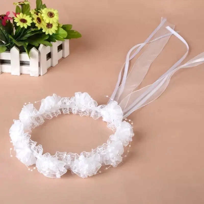 Child Girl Wedding Headband Artificial Mesh Flower Adjustable Ribbon Crown Wreath Faux Pearl Beading First Communion Photo Props