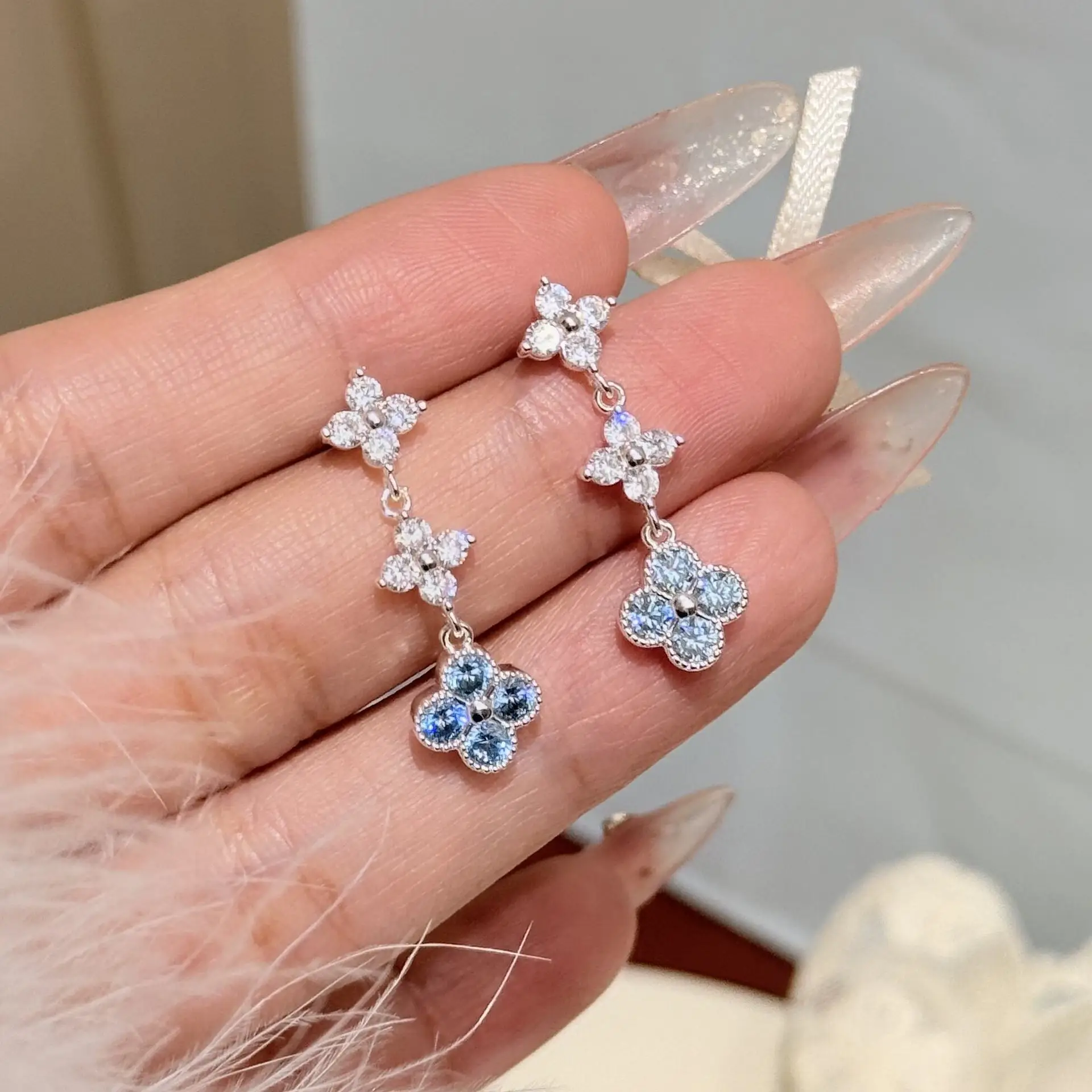 Stud Earrings Flower Zircon Silver Post Sweet Fresh Elegant Minimalist Lightweight Versatile Daily Office Party Gift for Women