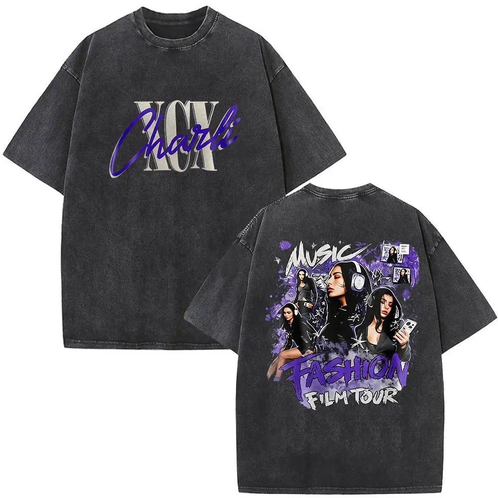 Vintage Washed Charli XCX Music Fashion Film Album 2026 Print T Shirts Men Women Pop Music Loose Short Sleeve T-shirt Streetwear