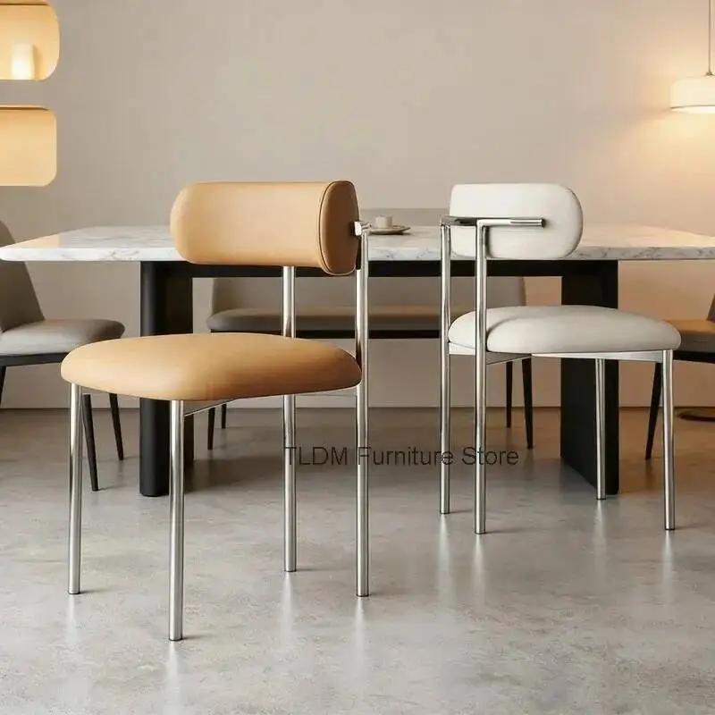 Modern Leather Dining Chair with Polished Metal Legs Armless Upholstered Accent Chair with Lumbar Support for Dining Room