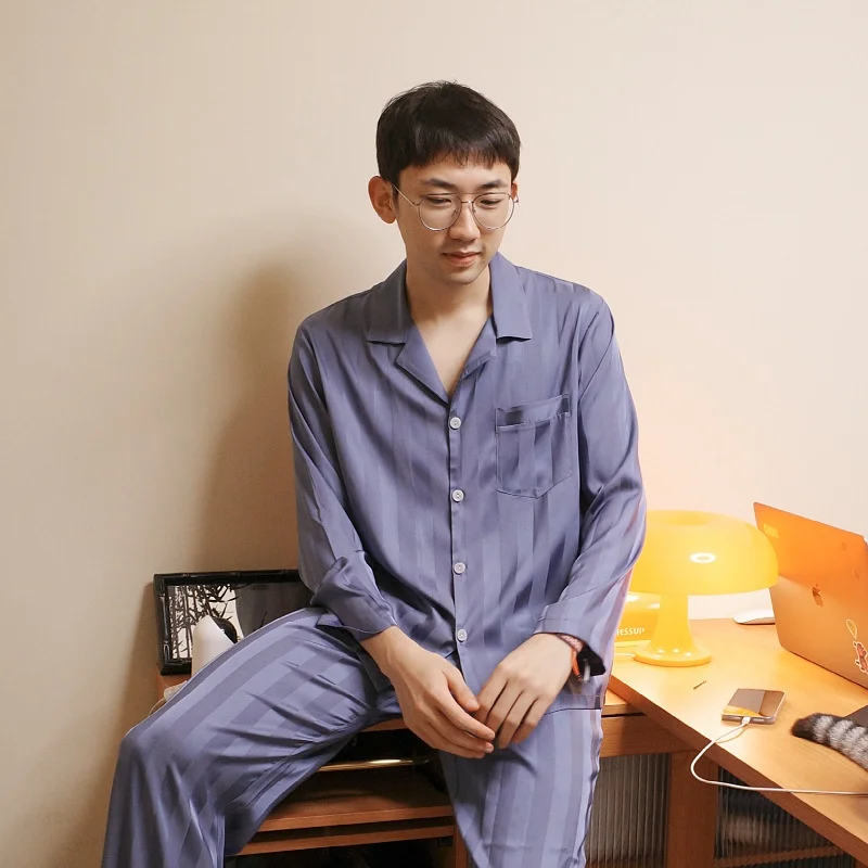 Simple Luxury Outer-Wearing Pajamas for Men Women New Style Dark Stripe Haze Blue for Spring Autumn Home Clothes Stock Available