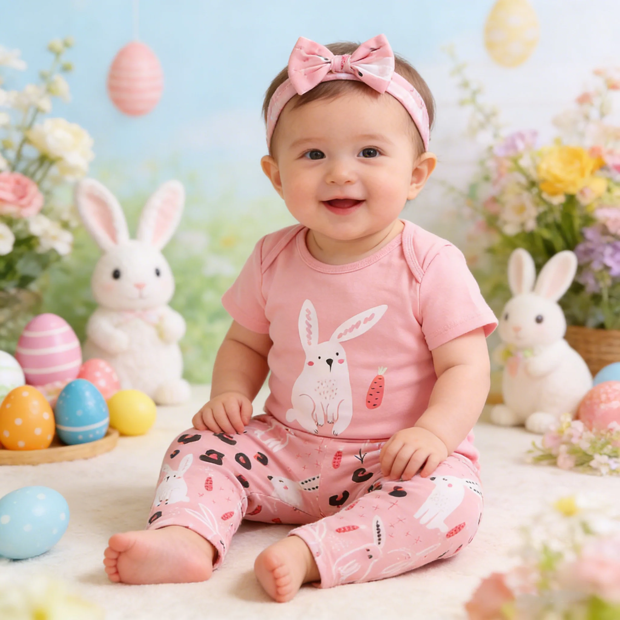 Newborn Baby girl Set Round neck Lovely Rabbit Print Romper+Pants+ Bow Knot 3Pcs 0-18 Month Baby Girl Suit Summer Casual Set