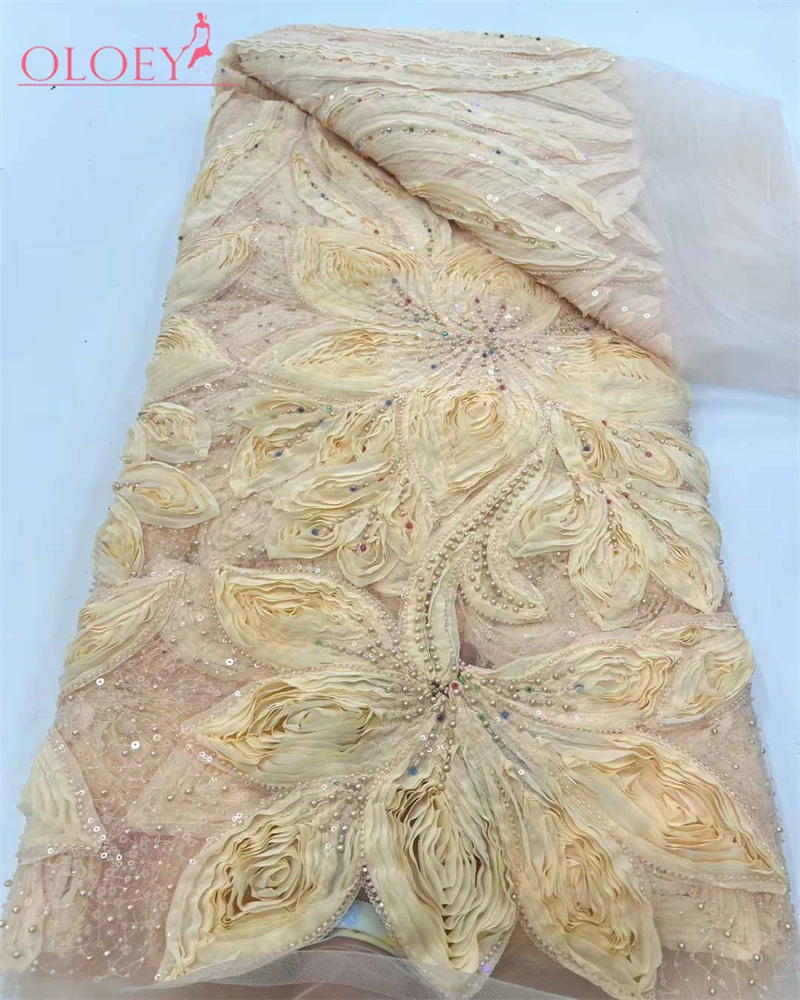 

OLOEY Luxurious Nigerian African Beaded Lace Fabric High Quality Sequins Embroidery African French Lace Fabric For Sewing Dress