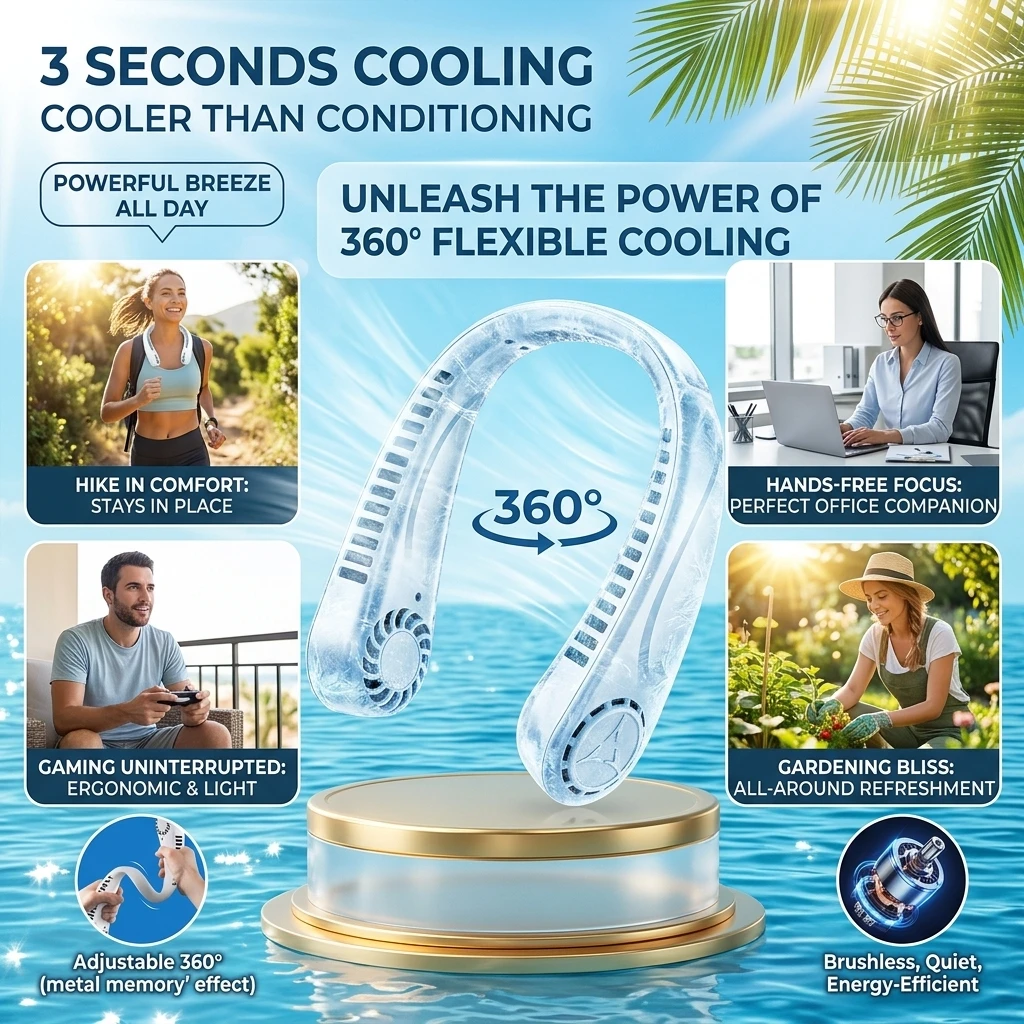 Ventilateur de cou portable sans pales, réglable en vitesse, rechargeable, mini-refroidisseur d'air, ventilateur de cou suspendu, longue autonomie pour l'été en extérieur