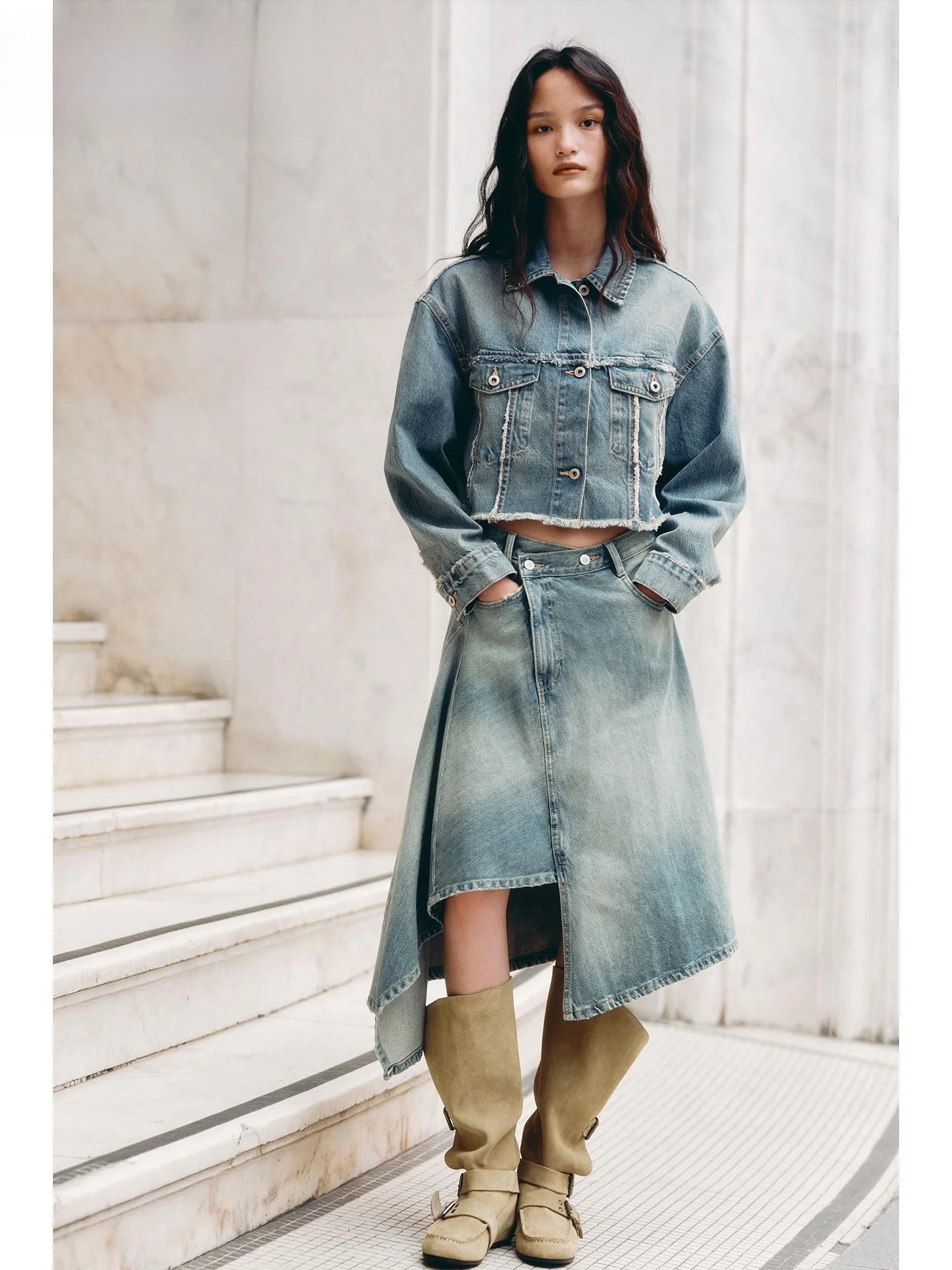 ZAPRHA2025 automne nouveau Double boutonnage a-ligne jupe Midi taille asymétrique conception décontracté dames f-longue Denim jupe