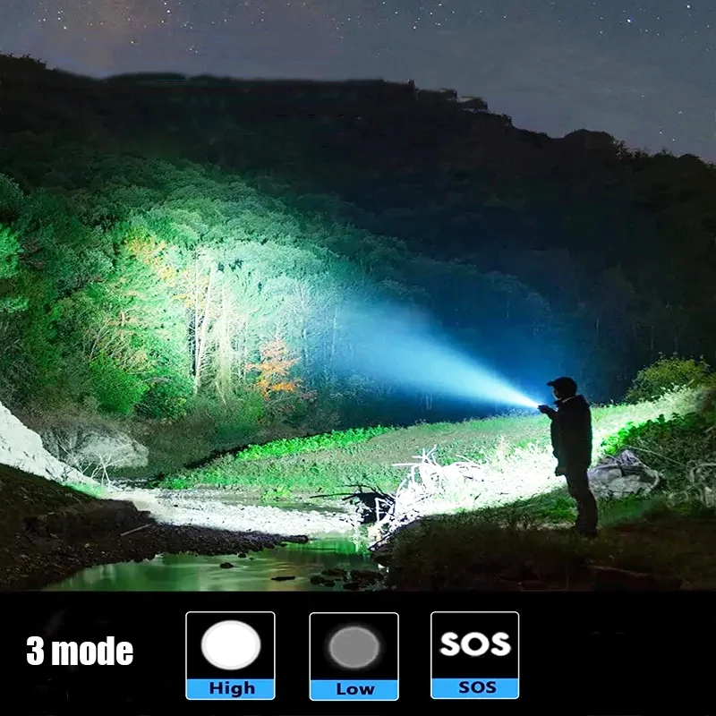 200000LM High Power Led Flashlight Super Bright Spotlight Long Shot LED Torch Built-in Battery USB Charge Portable Camping Torch