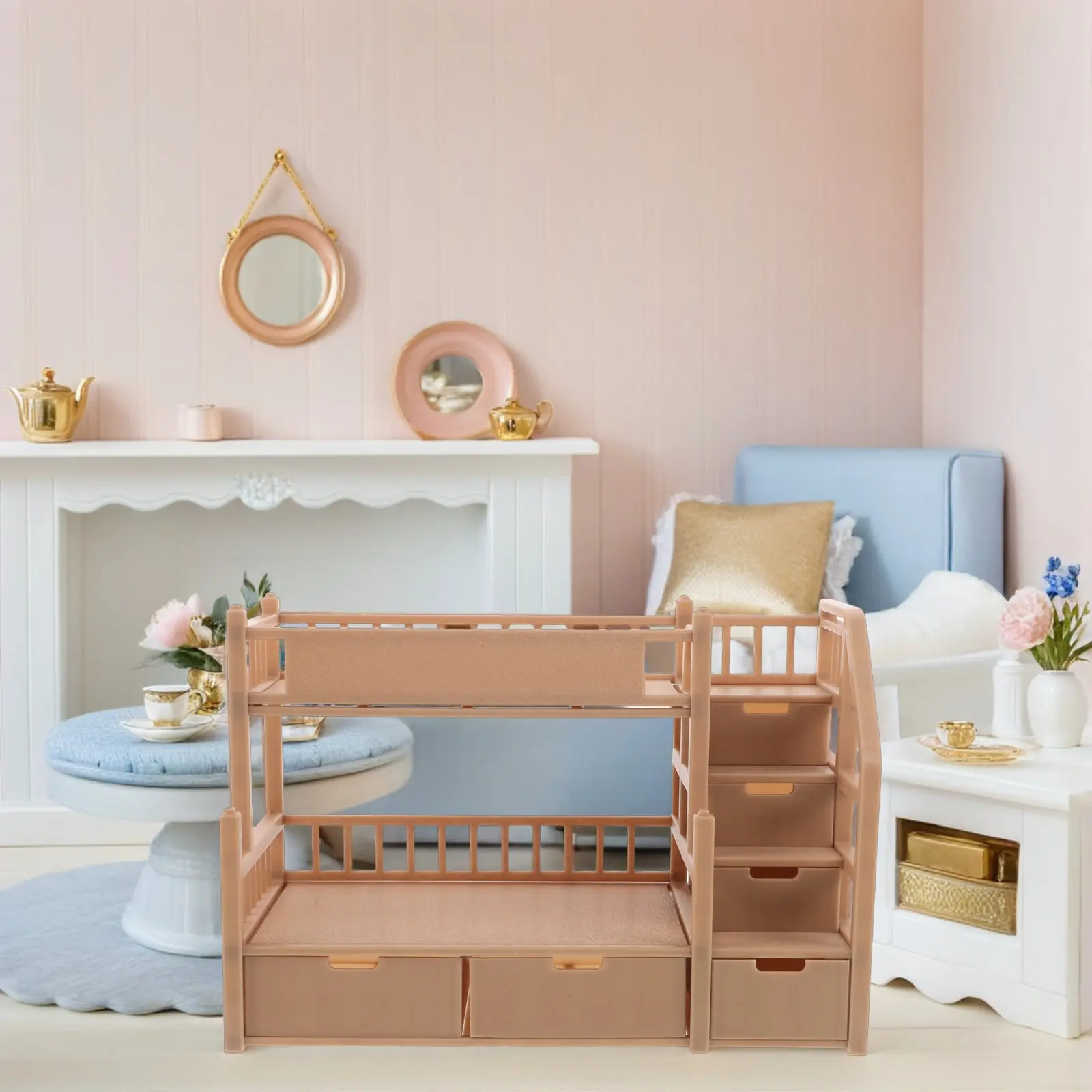 

Realistic Wood Finish Miniature Bunk Bed Fits 18 Cm Dollhouse Bedroom Furniture with Spacious Drawer Educational Play